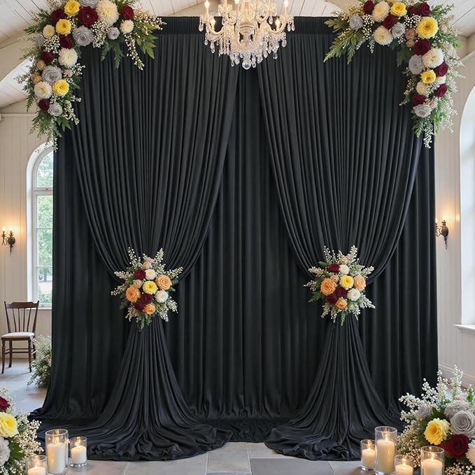 30x12ft Wrinkle Free Black Backdrop Curtain for Wedding Parties, 6 Panels 5×12 ft Long Soft Silky Polyester Fabric Backdrop Drapes Black Photo Back Drop Curtains for Party Photography Background Cloth