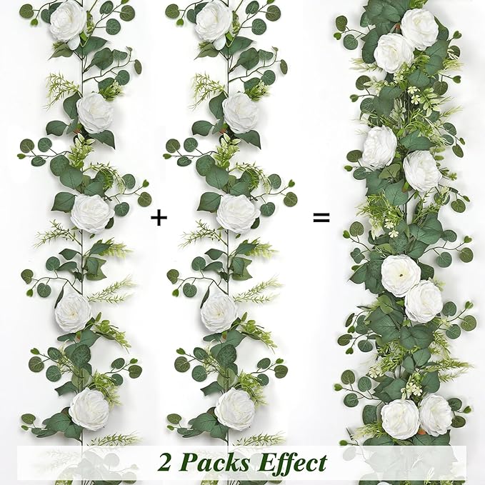 4PCS 6.23FT Artificial Eucalyptus Garland with Peony Flowers Fake Vines Floral Greenery Garland White Peonies Artificial Flowers for Centerpiece Table Runner Wedding Decor (White, 4PCS)