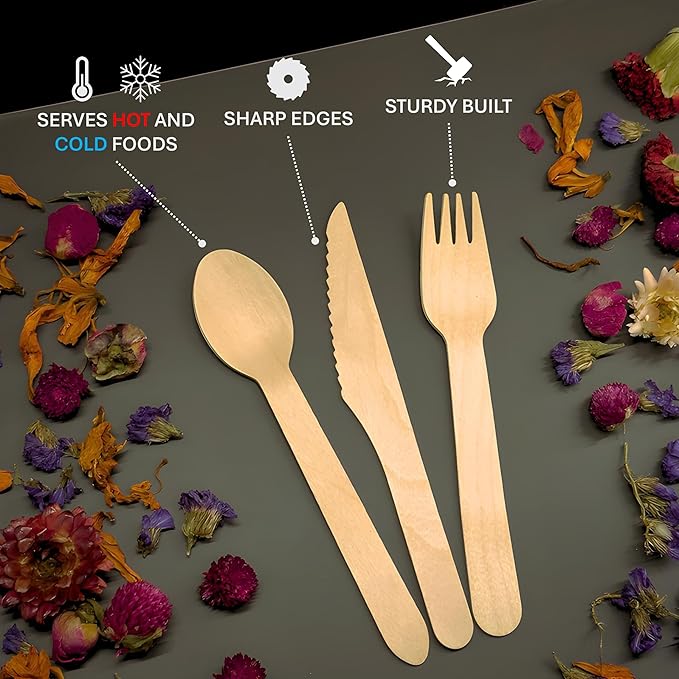Disposable Wooden Utensils 360 Count, Natural Birchwood, Heavy Duty