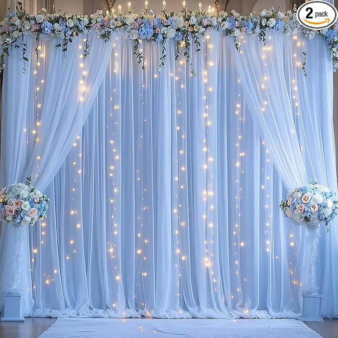 Blue Tulle Backdrop Curtains with Lights String for Parites Baby Shower 20×8ft Blue Sheer Backdrop Curtains Drapes for Bridal Shower Birthday Party Photo Shoot Background Decorations(4 Panels 5×8ft)