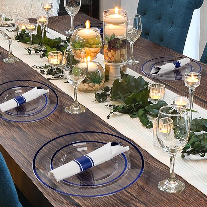 Plates Set for 25 Guests, 175 Pieces, Dark Blue with Blue Rim