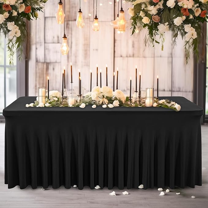 Wish Care 6 Pack Black Spandex Table Cloths for Rectangle Tables 4ft - One-Piece Wrinkle Free Fitted Table Cover 4 Foot Table Stretch Tablecloths for Party, Banquet, Wedding and Events