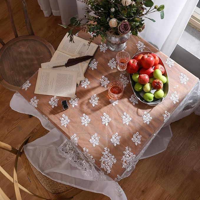 patdrea Designer White Lace Elegant Tablecloth for Rectangle Tables,Vintage Tulle French Romantic Knitted Embroidered Overlay Tablecloths Decor for Kitchen Wedding Banquet,59"*91"