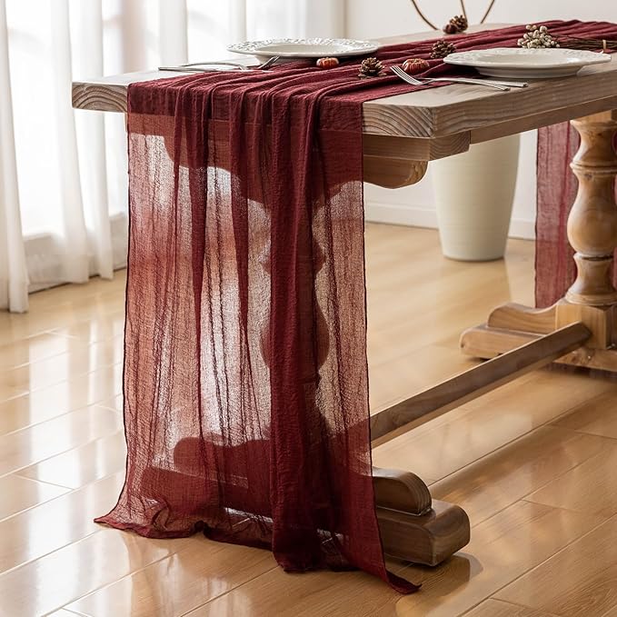 Burgundy Christmas Table Runner Decor Red Cheesecloth Gauze 120 Inch 10 FT Rustic Boho Cheese Cloth Runner for Wedding Baby Bridal Shower Party Long Sheer Home Christmas Decorations