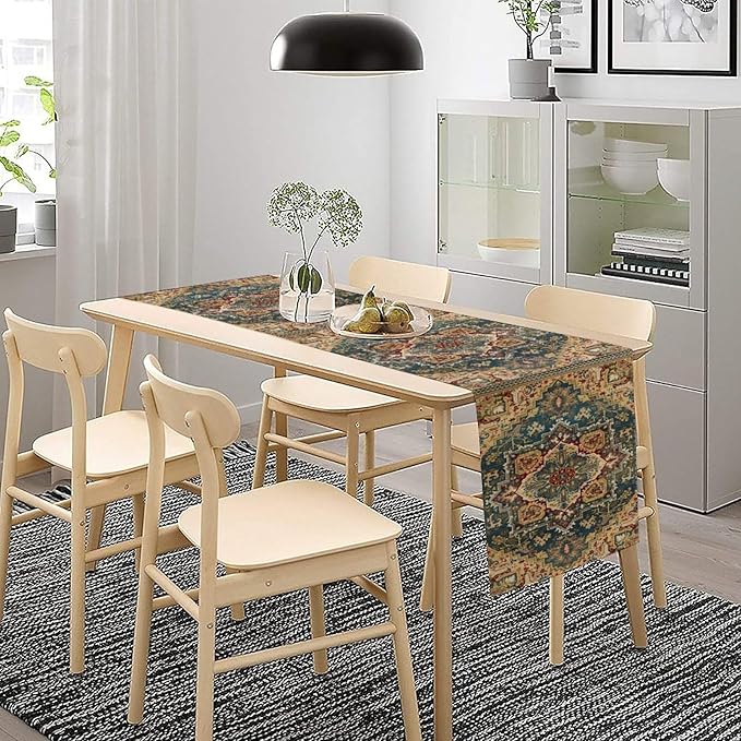 Boho Bohemia Style Table Runner, Country Rustic Farmhouse Vintahe Colorful Geometry Print Table Runner for Home Kitchen Dinner Party Holiday Decor, 13x108inch