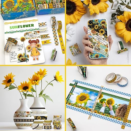 27 Rolls Washi Tape Set - Decorative Masking Tape Colored Sunflower Patterns, Adhesive Artists Tapes for Journaling Supplies, DIY Crafts, Scrapbooking, Junk Journal Supplies, School Supplies