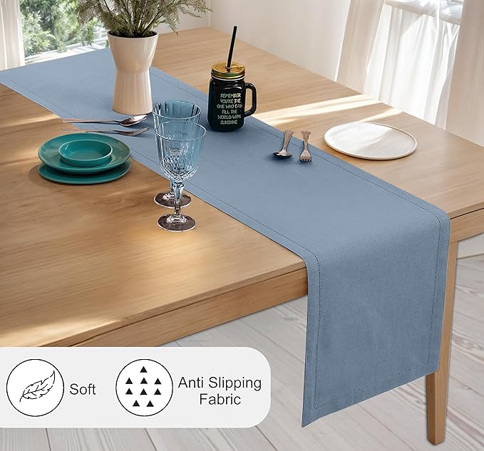Ruvanti Linen Table Runner 120 Inches, Classic Hemstitch, Washable, Reusable, Non-Slipping, Stain Resistant- Perfect for Parties, Weddings, Dinners, Thanksgiving, Christmas, Indoor use – Grey