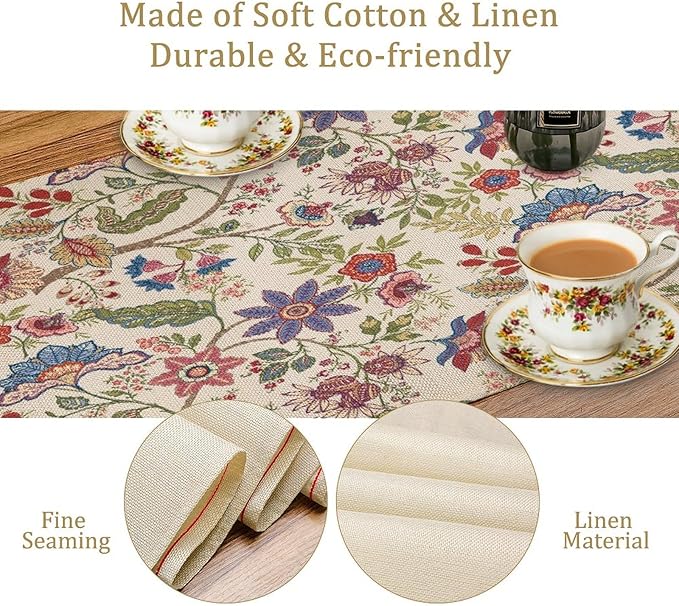 Spring Floral Table Runner, Boho Floral Pattern Natural Plant Table Decoration for Home Kitchen Restaurant Holiday Party,13in（33cm） W * 72in（184cm） L