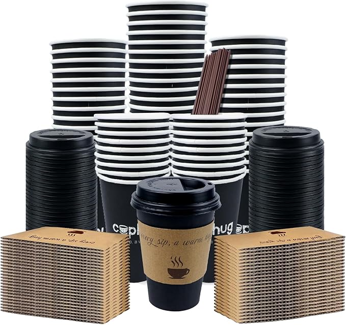 Disposable Paper Coffee Cups with Lids, 12 oz Black, 100 Count