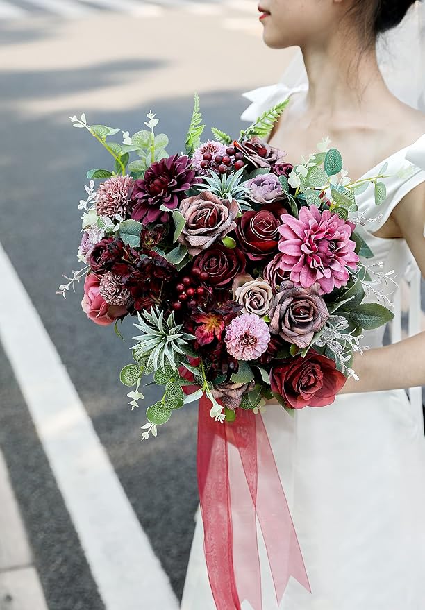 Serra Flora Artificial Flowers Combo Dahlia 25pcs Silk Fake Flowers Roses for DIY Wedding Bouquets Burgundy Centerpieces Arrangements Party Bridal Baby Shower Home Decorations(Burgundy)