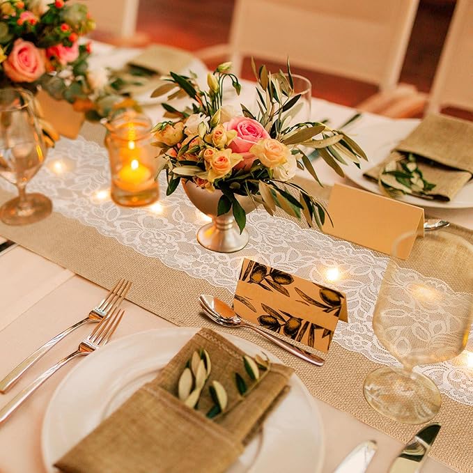 Xinnun 6 Pack Burlap Table Runner with LED String Lights, Modern Rustic Lace Natural Vintage Boho Jute Wedding Table Decor for Farmhouse Thanksgiving Christmas(Modern Neutral,12x70 Inches)