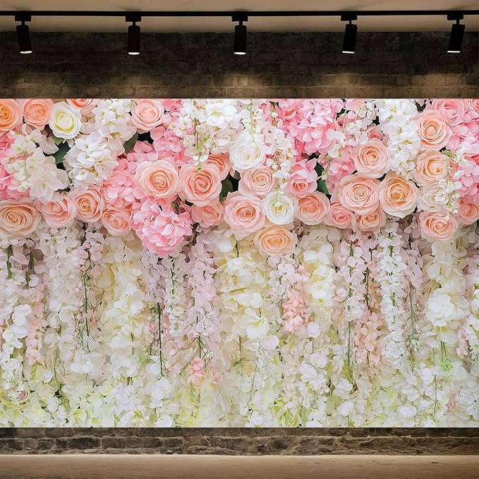 5x3ft Pink Rose Flower Wedding Photography Backdrop Spring Floral Photography Backdrop Valentine's Day Mother's Day Girl Birthday Baby Shower Wedding Bridal Party Banner Photo Booth Props Background