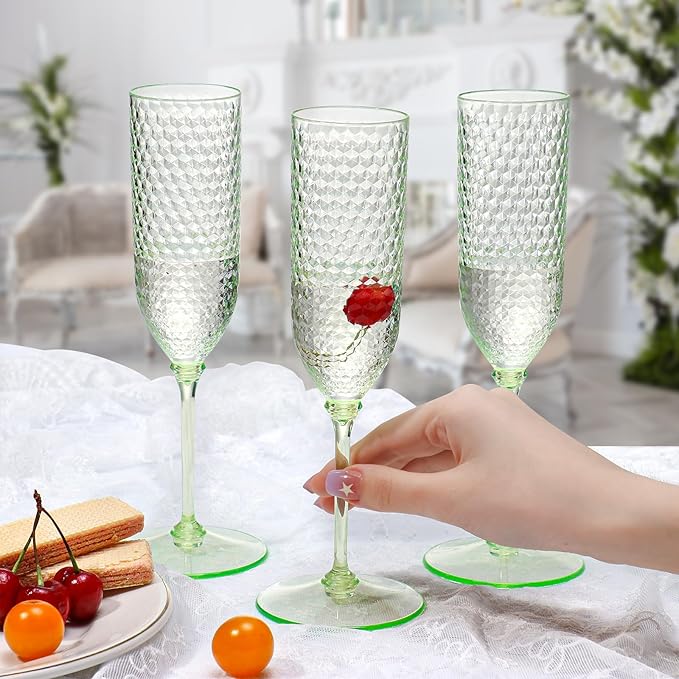Green Detachable 2-Piece Plastic Champagne Glasses, 5.5 oz Reusable