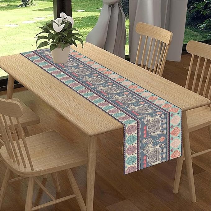Boho Table Runner, Indian Bohemian Elephant Mandala Paisley Floral Hippie Art Print Table Center Decor for Home Kitchen Dining Patio Holiday Party Indoor Outdoor Table Decorations, 13"x108" Inch