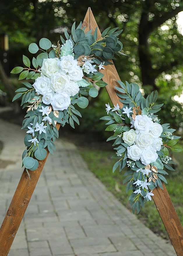 Artificial Flowers Swags Set of 2 in White and Gold Silk for Arches