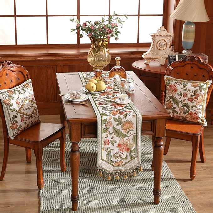 patdrea Designer Elegant French Floral Extra Long Velvet Table Runner,Green with Orange Blossoms Pattern Table Mat,Decoration for Kitchen Dining Coffee Table Cabinet Banquet Thanksgiving,12"*118"