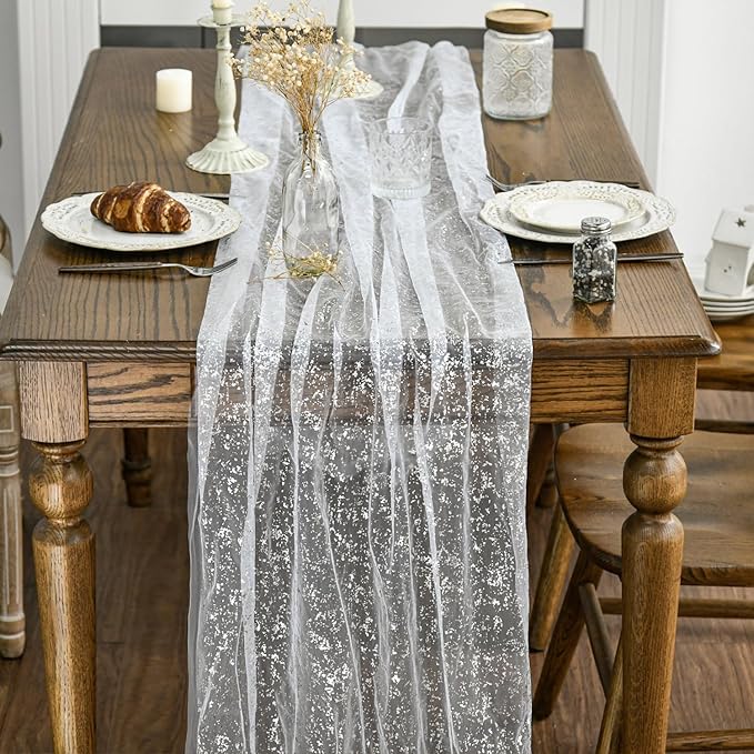 Artoid Mode White Silver Gauze Table Runner 120 Inch 10FT, Glitter Metallic Foil Sheer Dining Holiday Wedding Anniversary Birthday Table Decor for Home Party