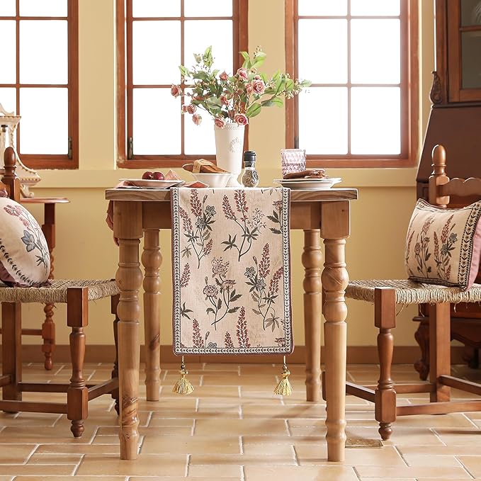 ISAENNE Designer Light Beige Linen Extra Long Table Runner 118 Inches,Vintage Floral Wrinkle Resistant Table Runners for Dining Tables,Christmas,Thanksgiving,Kitchen Tables,12"*118"-Helena A