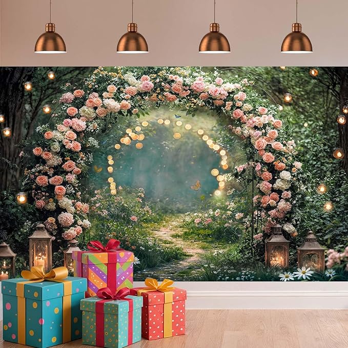 12x10ft Enchanted Forest Wedding Photography Backdrop Wonderland Roses Fairy Tale Backdrop Pink Flower Birthday Newborn Baby Shower Wedding Bridal Party Banner Photo Booth Props Anniversary Background