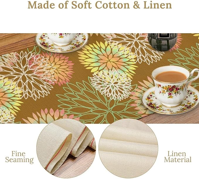 Brown Grey Dahlia Flower Table Runner, Linen Geometric Pattern Floral Table Decor Spring Farmhouse Decorations for Kitchen Dining Holiday Party Decor, 13x36 Inch