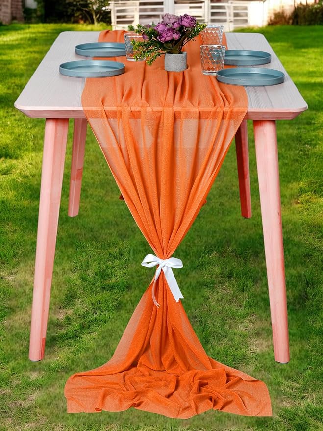 MDS 25 Pack 10ft Chiffon Table Runner 29 x 120 Inches Sheer Wedding Runner Romantic Rustic Table Runner for Wedding Decorations, Birthday Parties, Bridal Shower Party Arch Decor - Orange