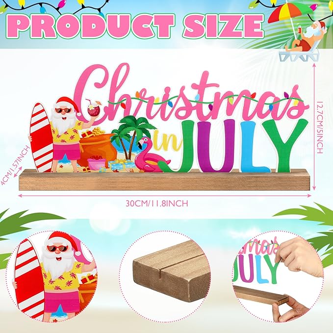Christmas in July Metal Sign Rustic Table Decor Holiday Tiered Tray Decor with Wooden Base Freestanding Metal Word Sign for Home Tabletop Centerpiece Mantel Shelf Fireplace