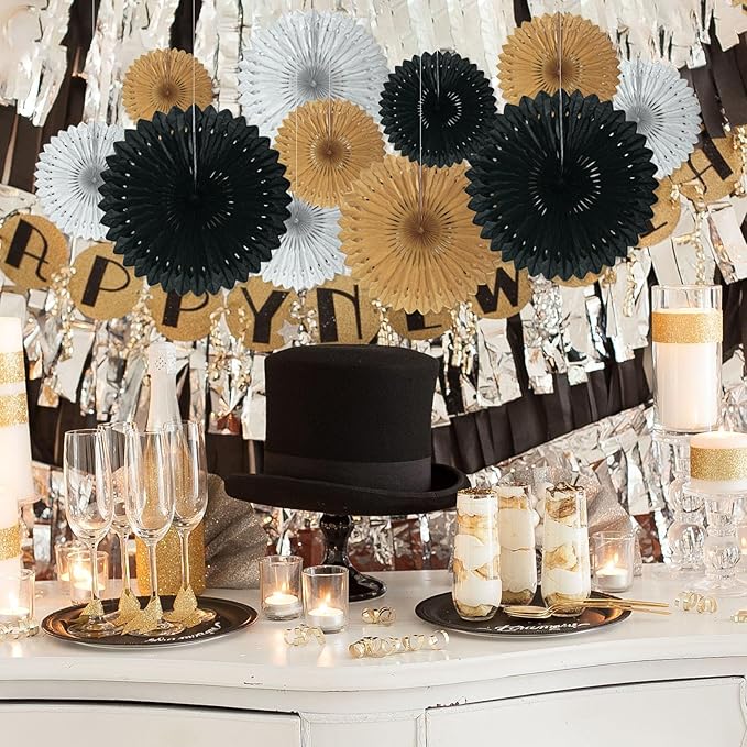 18 Pcs Black Gary Gold Hanging Paper Fan, Hanging Honeycomb Round Paper Fans for Weddings, Birthdays, Christmas, Baby Showers, Classroom, Events Ceiling Party Supplies Decorations