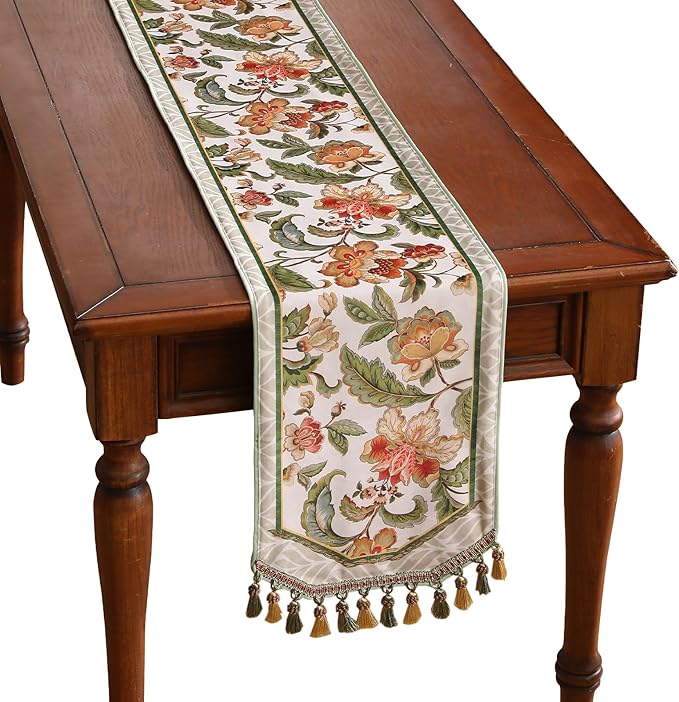 patdrea Designer Elegant French Floral Extra Long Velvet Table Runner,Green with Orange Blossoms Pattern Table Mat,Decoration for Kitchen Dining Coffee Table Cabinet Banquet Thanksgiving,12"*118"
