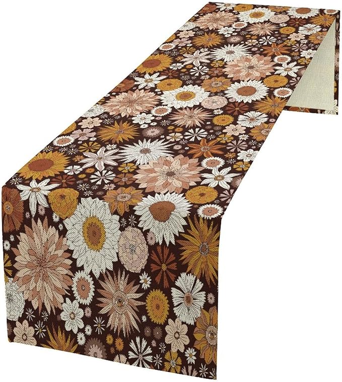 Boho Floral Table Runner, Vintage Country Farmhouse Daisy Flowers Modern Kitchen Dining Room Decoration for Indoor and Outdoor Wedding Party Banquet Table Runner 13x108 Inch