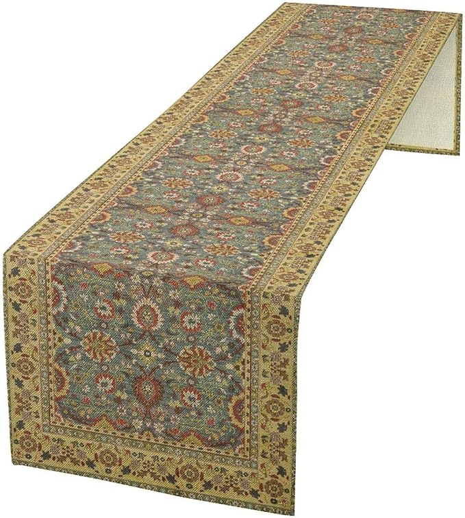 Boho Floral Vintage Beige Blue Table Runner, Retro Flower Rustic Country Farmhouse Abstract Pattern for Home Kitchen Table Decor Dining Coffee Room Party Decor 13x120in