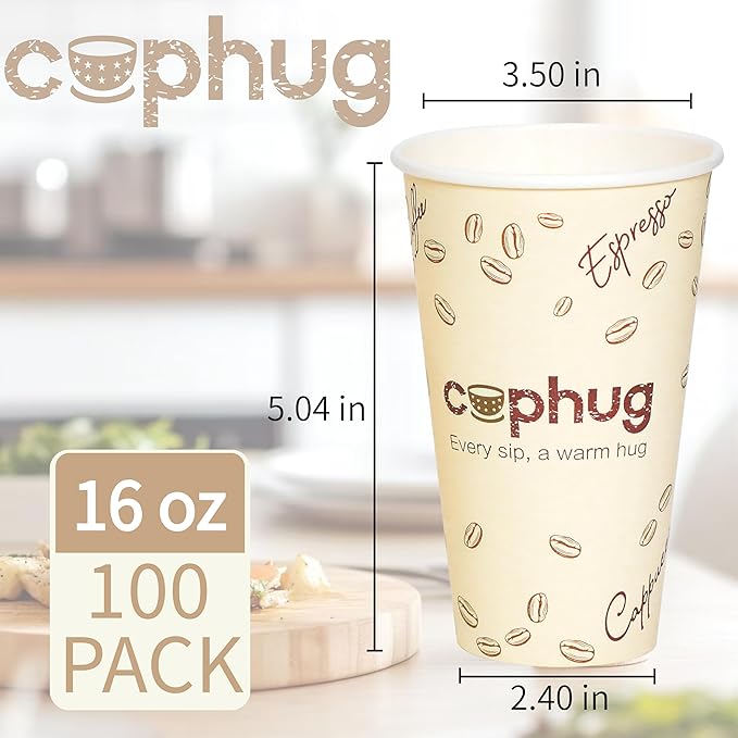 Coffee Cups 16 oz Yellow Paper, 100 Pack with Lids and Sleeves