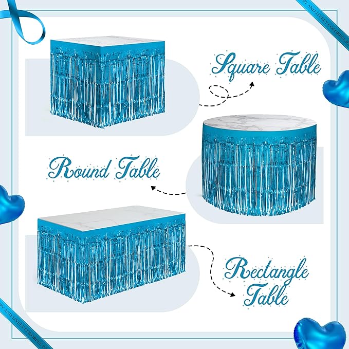 4 Pack Lake Blue Table Skirts, 29x108" Metallic Foil Tinsel Fringe Table Skirts for Rectangle Tables Streamer Curtains Backdrop, Party Decorations for Birthdays Weddings Holidays