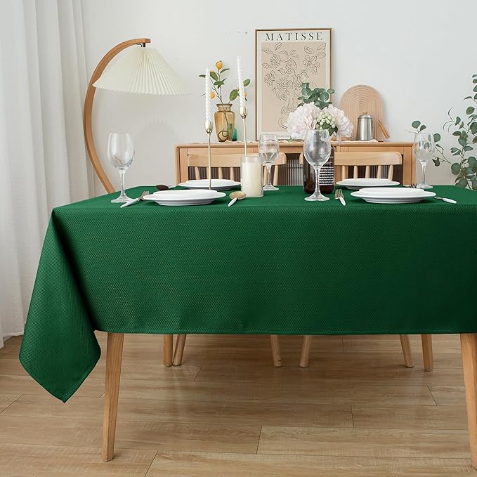 Biscaynebay Textured Fabric Christmas Rectangle Table Cloth 90x156 Inch, Hunter Green Water Resistant Tablecloths for Dining, Kitchen, Wedding and Parties etc. Machine Washable
