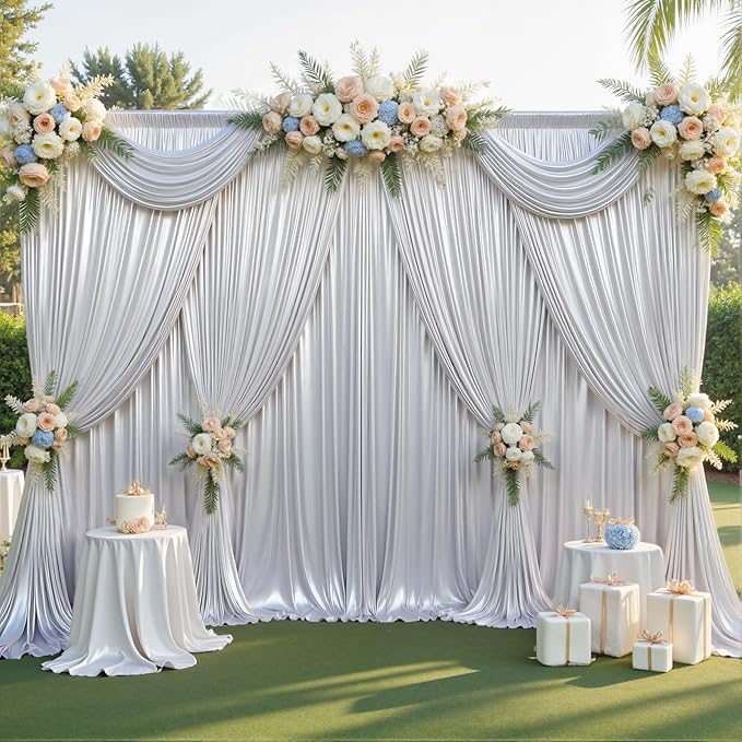 Backdrop Curtain Set, Silver Sequin, 4 Panels 20x10 Ft, Wrinkle-Free