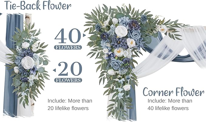 Artificial Flowers Wedding Arch Kit, Dusty Blue Silk Roses with Sheer Drapes