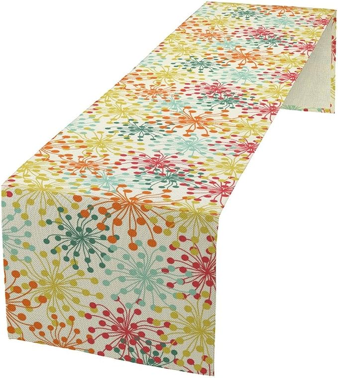 Mid Century Flower Table Runner, Colorful Geometric Abstract Chrysanthemum Vintage Farmhouse Decorations Orange Yellow Gray Table Runner for Kitchen Dining Holiday Party Decor, 13x120 Inch