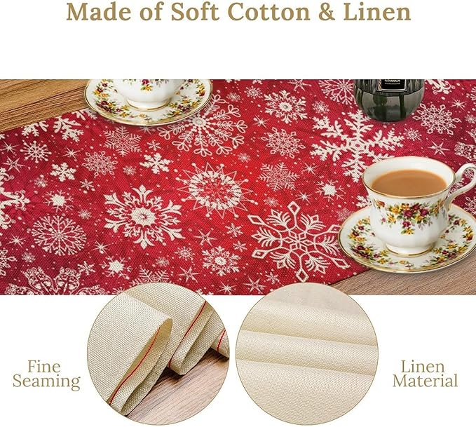 Snowflakes Christmas Table Runner, Winter Holiday Red Table Cloth Kitchen Dining Table Decoration for Home Party Decor 13x90 Inch
