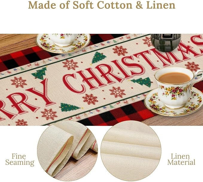 Merry Christmas Table Runner,Winter Xmas Holiday Table Cloth Kitchen Dining Table Decoration for Home Party Decor 13x108 Inch