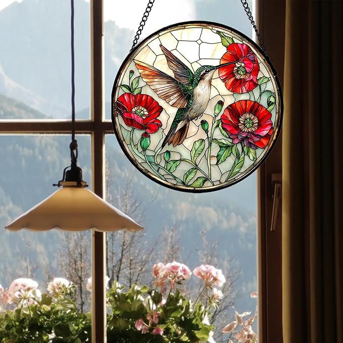 Stained Glass Window Hanging - Green Hummingbird Red Flower Suncatcher for Door Terrace Garden Home Decor Bird Landscape Sun Catcher Birthday Gifts for Lovers Women Men Dad Mom Nana 9.8 in