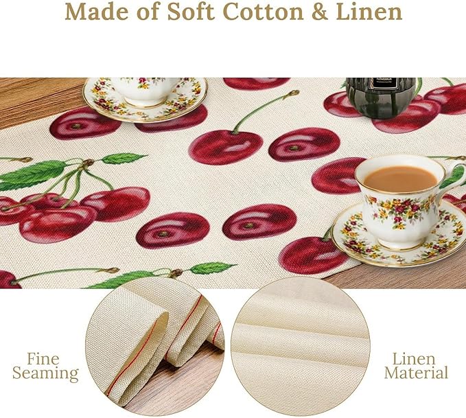 Red Cherry Table Runner Watercolor Tropical Fruit Spring Summer Wild Berry Dinner Runner for Girl Baby Shower Party Holiday Home Kitchen Dining Table Decor 13x36