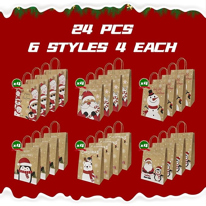 Gift Bags with Handles, 24 Count Kraft Paper Christmas Designs