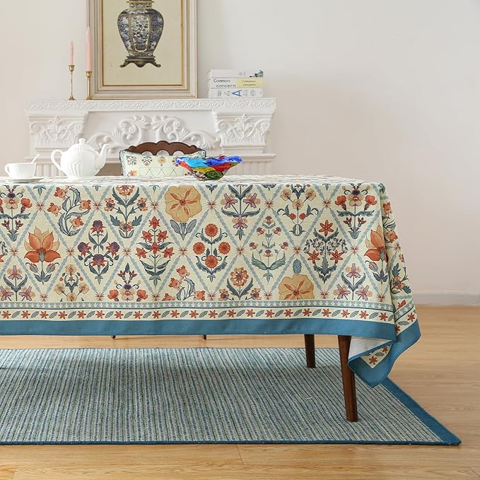 Tablecloth, 55 x 79 Inch Rectangular Floral Linen-Polyester Blend