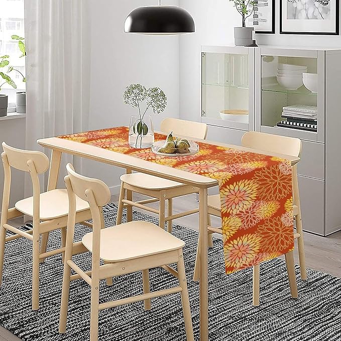 Yellow Floral Table Runner, Chrysanthemum Autumn Spring Summer Vintage Modern Linen Geometric Table Runner for Kitchen Living Room Bedroom Party Holiday, 13x36 Inch