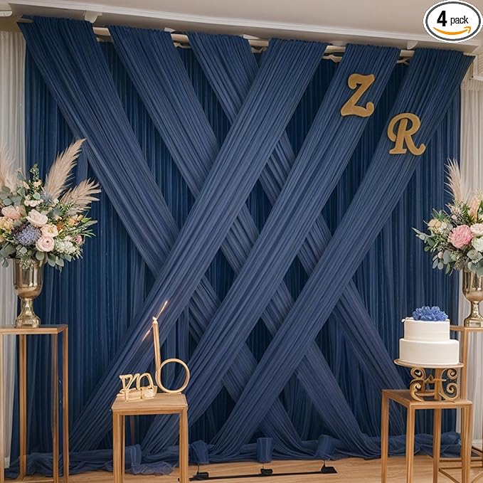 20×12ft Navy Blue Wrinkle Free Backdrop Curtain for Wedding Parties, 4 Panels 5×12ft Long Soft Silky Polyester Backdrop Drapes Photo Back Drop Curtains for Birthday Photography Background Cloth