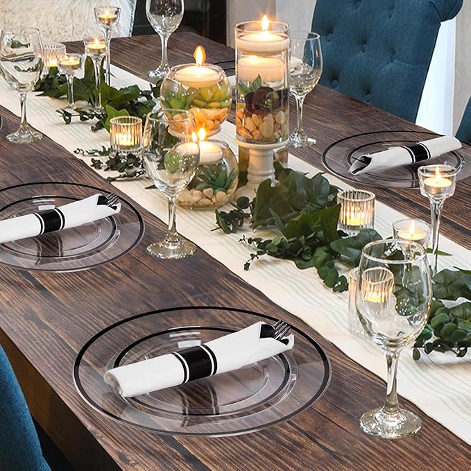 Plates Set for 25 Guests, Black Rim Disposable Plastic Party Tableware