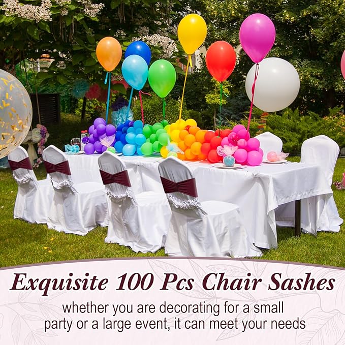 Moukeren 100 Pcs Spandex Chair Sashes Bows Bands Slider Sashes for Chair Covers Elastic Bands Ties Ribbon Decorations for Wedding Party Events Ceremony Birthday Banquet (Burgundy)