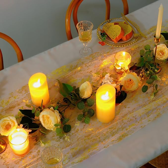 LOMOHOO 10 Ft Gold Table Runner, Golden Sheer Sequin Table Runners 120 Inches Long Glitter Metallic Foil Lace Fabric Table Decor for Birthday Party Wedding Anniversary Centerpiece (3pcs)