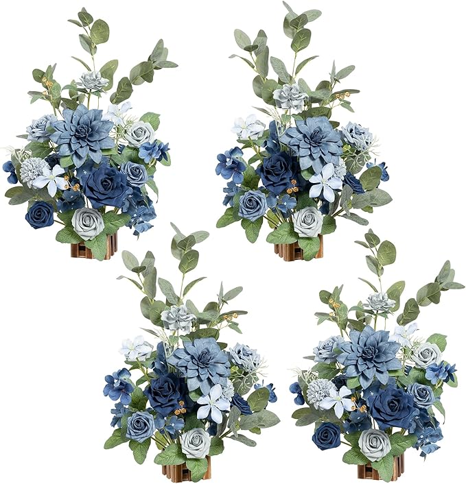 Artificial Flower Arrangements Set of 4, Dusty Blue and Navy Wedding Decor