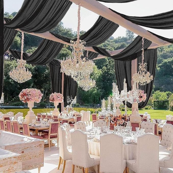 MODFUNS Black Ceiling Drapes for Weddings 2 Panels 5x20 FT Chiffon Wedding Arch Drapes Sheer Curtains Ceiling Decorations Tulle Drapery for Ceremony Archway Draping Fabric for Hallway Tent Stage Party