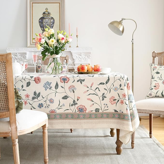 Rectangular Linen Blend Floral Tablecloth, 55 x 71 Inch Polyester